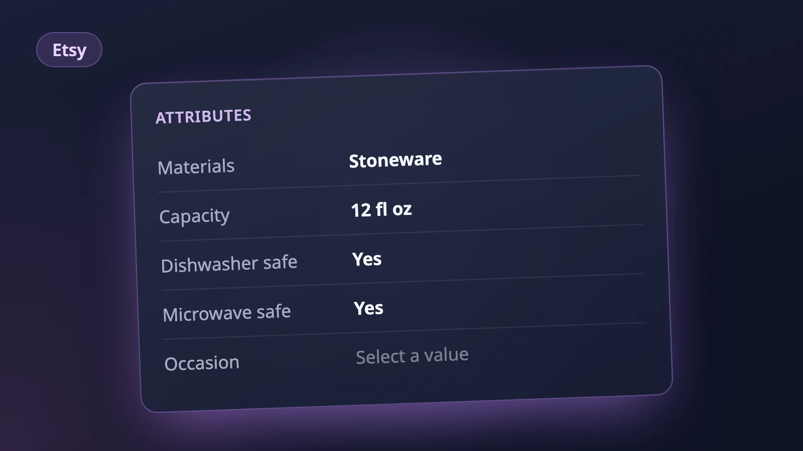 Illustration of an Etsy attributes panel for a stoneware mug with Materials, Capacity and dishwasher and microwave safe filled in and Occasion left empty