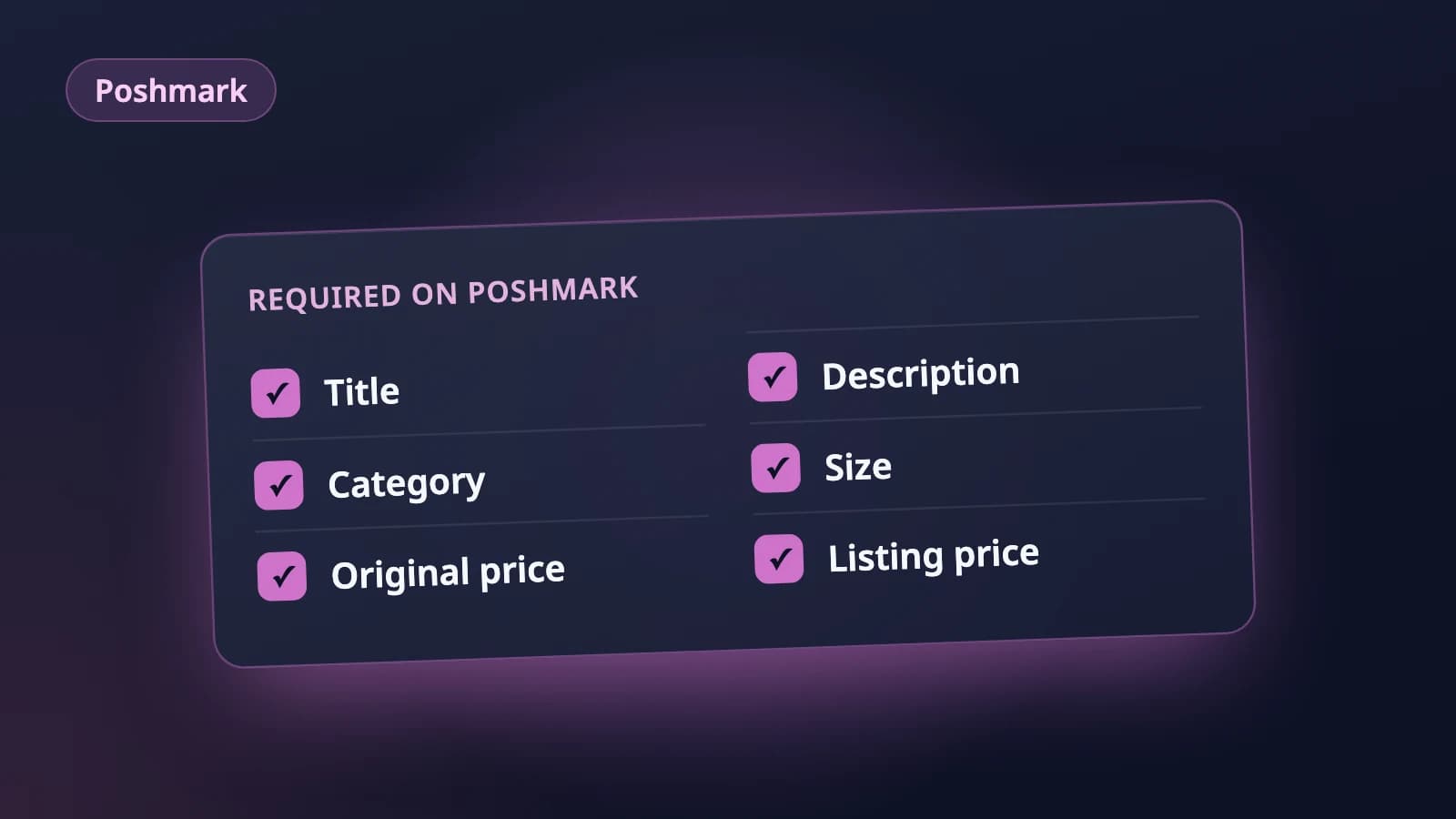Illustration of the six fields Poshmark requires, each ticked